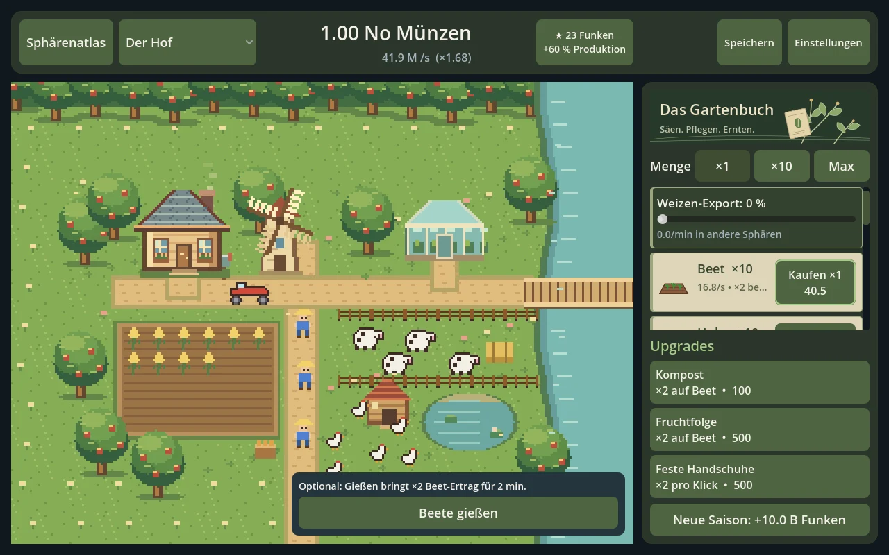 Pixelgarten mit Windmühle, Kühen und kleinen Beeten